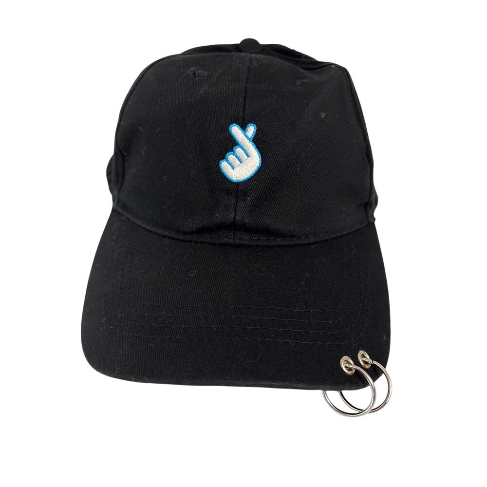 K-pop Korean finger heart hat pierced bill AT&T Black Blue OSFA adjustable - Picture 2 of 4